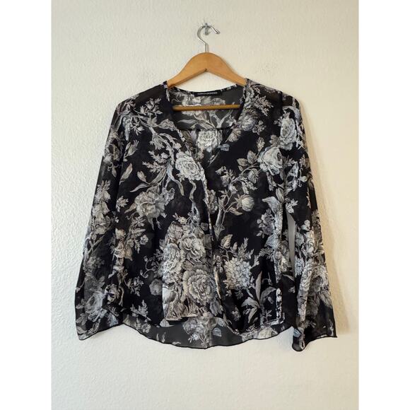 Foreign Exchange Surplice Wrap Hi Low Blouse S Black Floral Sheer Long Sleeve - Picture 2 of 8